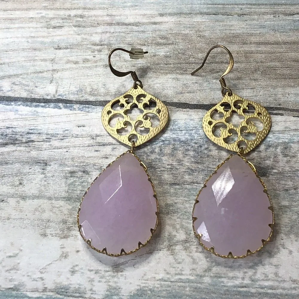 Pink Jadeite Gold Tone Filigree Earrings Dangle Drop‎